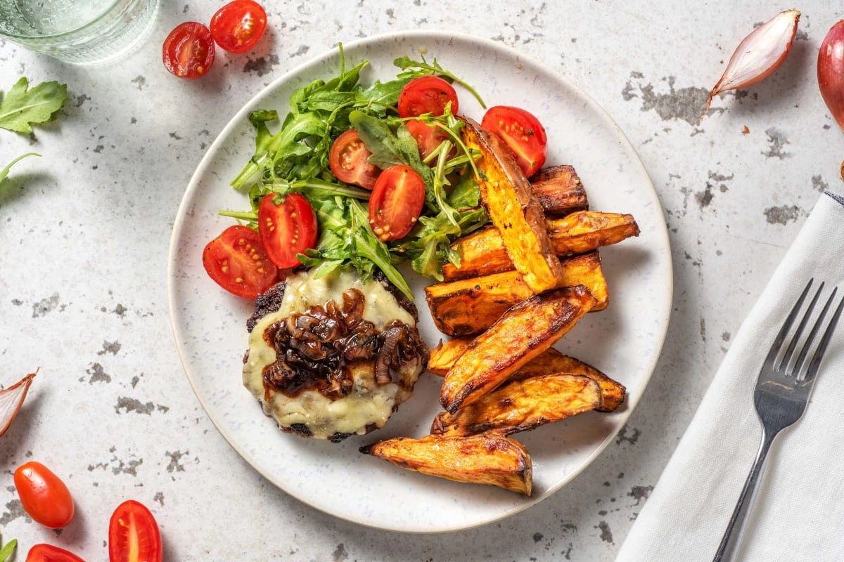 Naked Cheese Burger With Caramelised Shallots Sweet Potato Wedges And