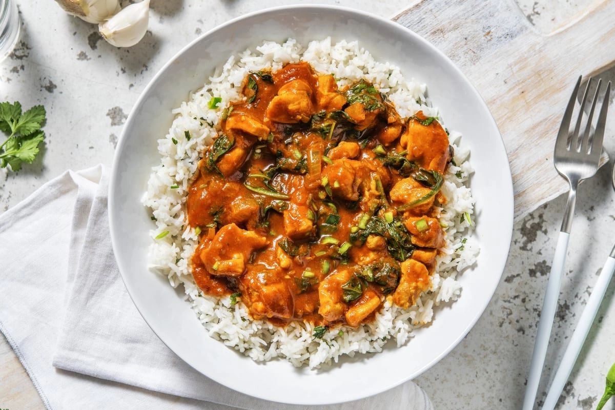 Chicken and Spinach Curry with Rice and Mango Chutney Recipe