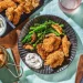 Crispy Japanese-Style Fried Chicken with Sesame Wedges, Stir-Fried Vegetables and Sesame Mayo Recipe