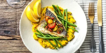 Pan-Fried Sea Bream with Saffron Mash, Chorizo Salsa and Green Beans Recipe