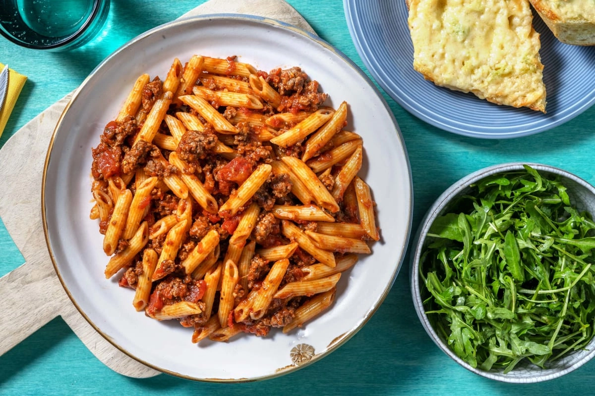 Penne Beef Ragu with Cheesy Garlic Bread Recipe