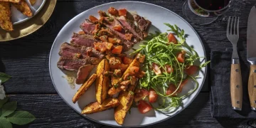 Sirloin Steak and Chorizo Salsa with Smoky Wedges and Salad Recipe