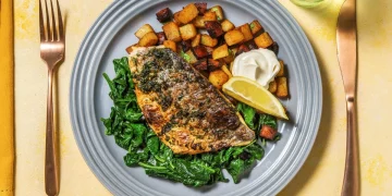 Spanish Style Sea Bass with Smoky Chorizo Potatoes and Garlicky Spinach Recipe