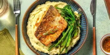 Cajun Sea Bass with Herby Mash, Garlicky Green Beans and Tenderstem Broccoli Recipe