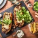 Cheesy Confit Duck Brioche Buns with Wedges and Rocket Salad Recipe