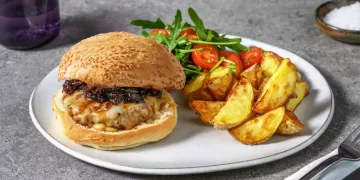 Classic Sausage Burger with Onion Marmalade, Wedges and Salad Recipe