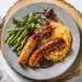 Honey Mustard Sausages and Sticky Red Onion Gravy with Sweet Potato Mash and Tenderstem Broccoli Recipe