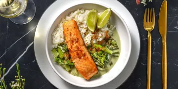 Roasted Salmon and Green Thai Style Curry with Tenderstem Broccoli, Bok Choy and Crispy Shallots Recipe